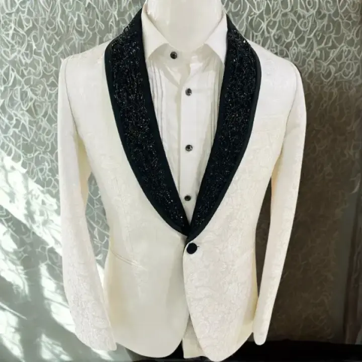 Luxury Ivory White Men’s Blazer with Embellished Shawl Lapel
